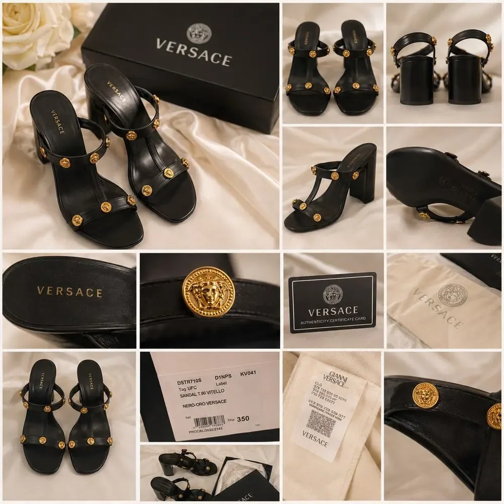 Authentic Versace Medusa Leather Heels Black Gold Block Heel Sandals Size 35